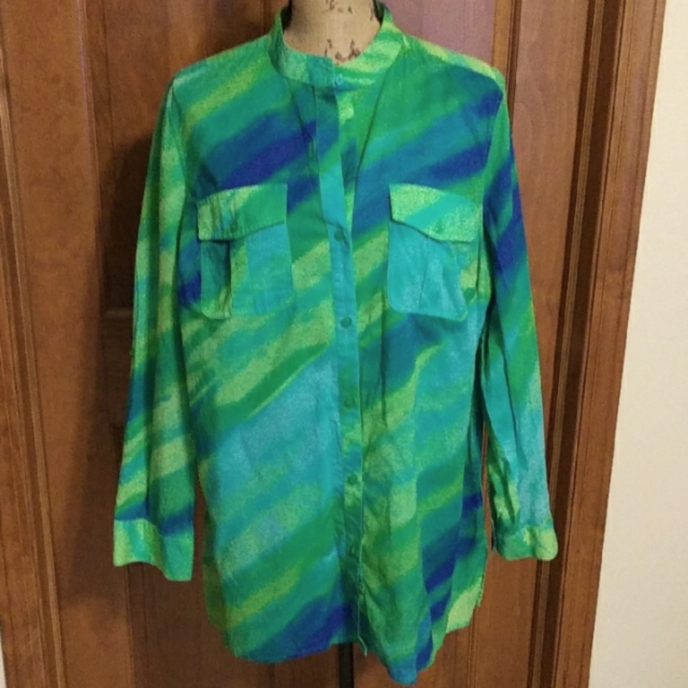 Jones New York Colorful tie dye Button-Up tunic length shirt, VGUC